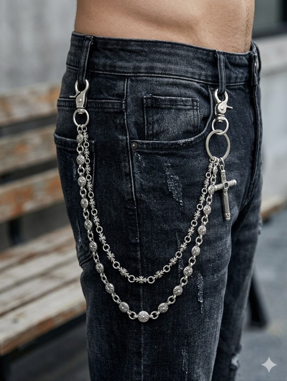 Silver Tone Double Strand Cross Chain Wallet Chain 21 Inches